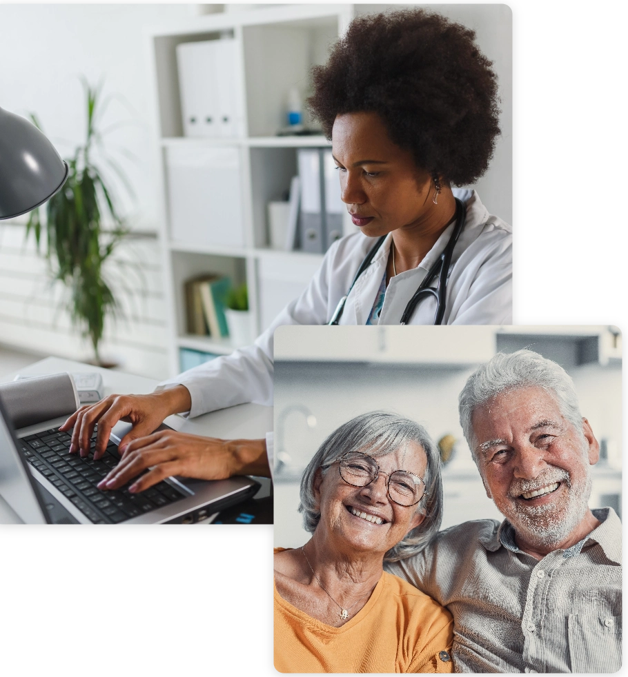Two images: First of a doctor writing on its laptop and second one of an elderly couple smiling together.