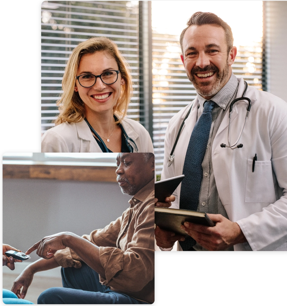 Two Images: First of a couple of doctors smiling and second one of a elderly guy measuring its diabetes on a equipment.