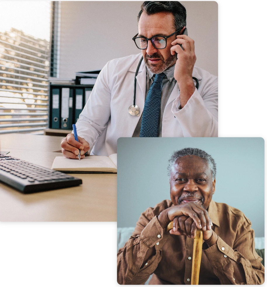 Two images: First of a doctor writing on a notebook and talking on the phone. Second one of an elderly man happy.