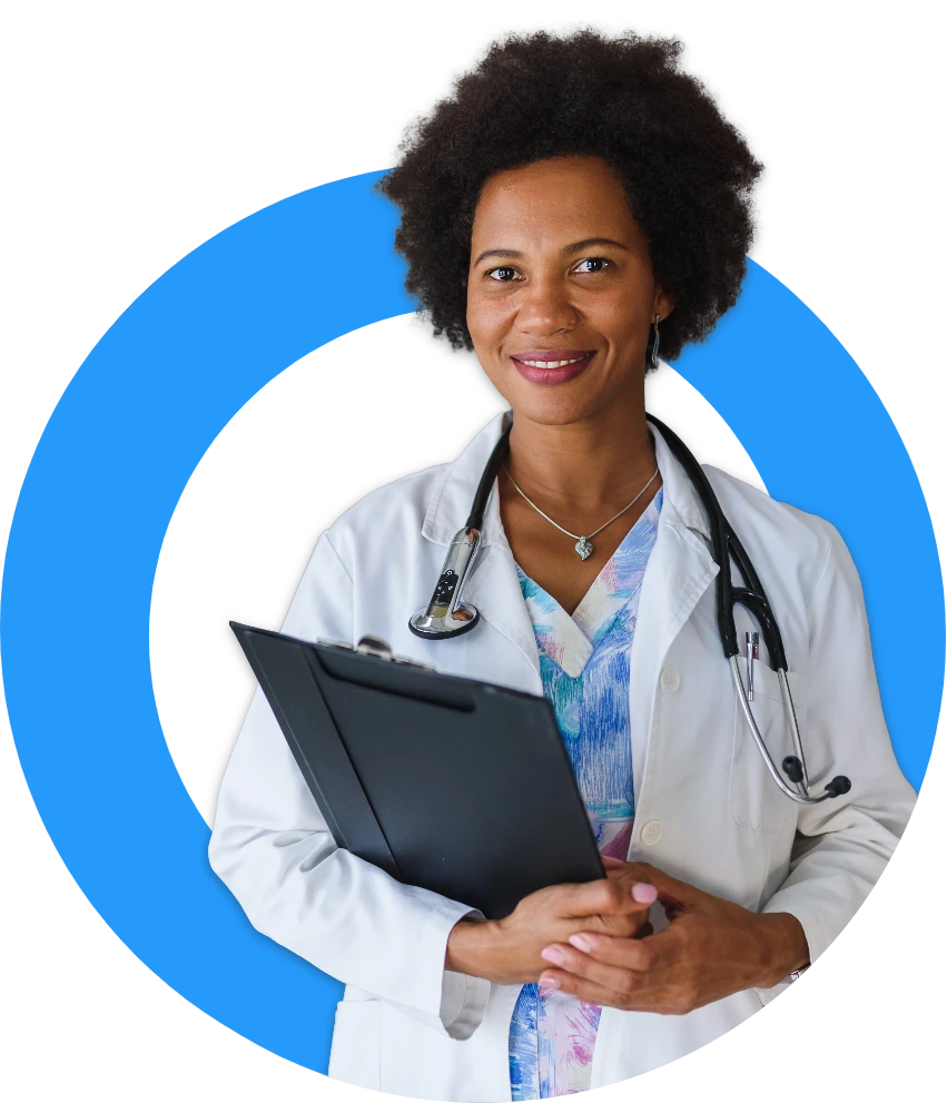 Doctor image with a stethoscope on the shoulder and a clipboard on its hands