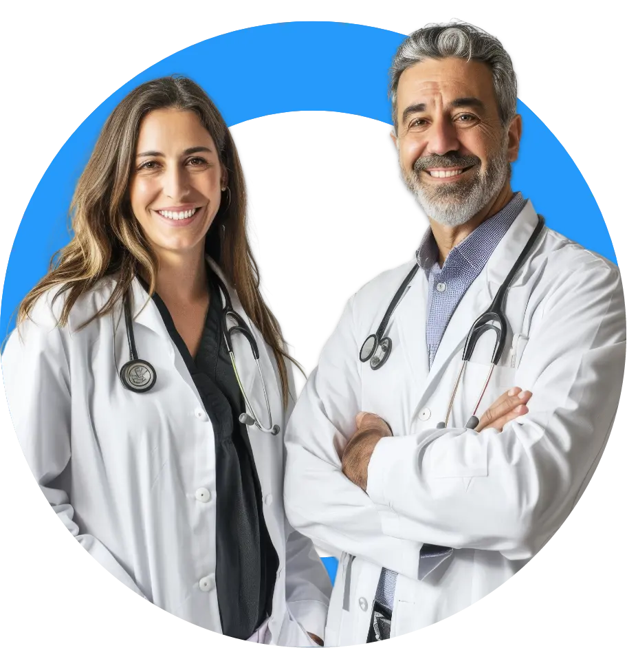 Couple of doctors smilling with a stethoscope on their neck
